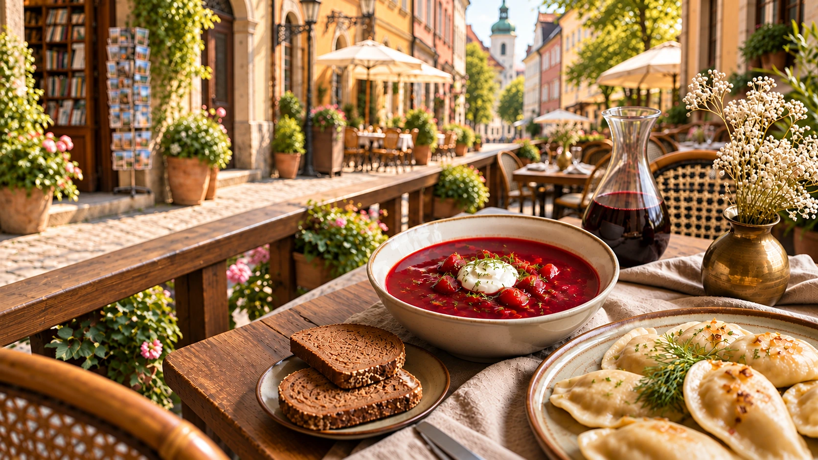 Borscht, pierogi and rye bread on a sunlit old-town terrace